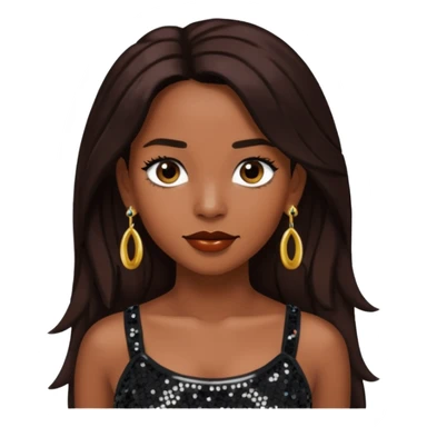 Chilli from TLC with long dark brown hair, black sequin crop top, black earring sticker