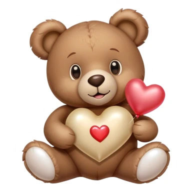Adorable Plush brown teddy bear holding an inflatable metallic beige heart-shaped balloon in his paw and love letter of the pearl color sticker