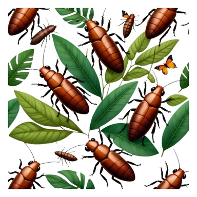 Close-up of giant Madagascar hissing cockroaches, butterflies, and stick insects in their natural habitat. The insects are shown in detail, highlighting their unique textures and colors, surrounded by plants and leaves. Soft lighting to enhance their features. Transparent background. sticker