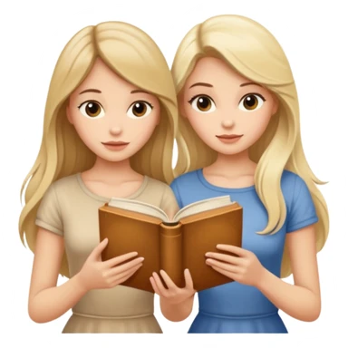 two beautiful girls in beige tops reading a beautiful vintage book. one brunette, the other blonde. both with long hair with sticker