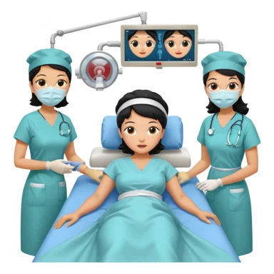 A colonoscopy procedure in progress in a clean operating room, featuring a black-haired woman in her 50s lying on an examination bed, with three doctors wearing surgical caps, masks, and gowns performing the procedure. sticker