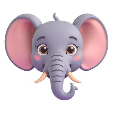 3D emoji style elephant face, front view, large ears, expressive eyes, simple and cute sticker