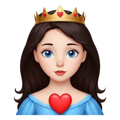 A fair-skinned princess with little freckles on her cheeks, blue eyes, dark brown hair and a red heart of love sticker