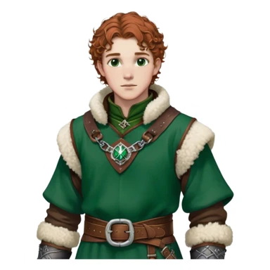 Medieval winter outfit worn by a DnD themed fantasy male character. Rich brown leather-trimmed wool tunic with sheepskin lining, featuring intricate metal buckles at the collar, paired with a heavy braided belt. Clothes only above the waist, full waist coverage. The character has no arms. Character is white-skinned with auburn hair, emerald green eyes, and short curly hair beneath a light dusting of snow. sticker
