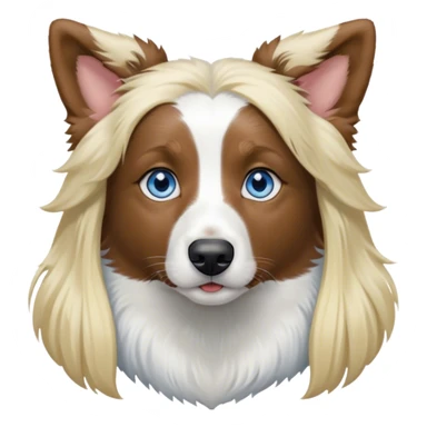 pale girl with blue eyes and long blonde hair and black white Australian shepherd with perked up ears sticker