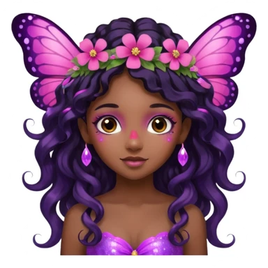 Black girl fairy with long wavy black hair, pink and purplered butterfly wings sparkly sticker