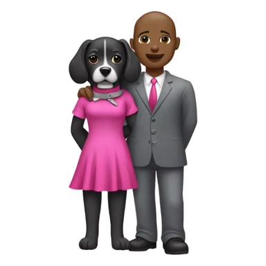 Black lady with black hair wearing hot pink dress hugging all grey pitbull with pink collar sticker