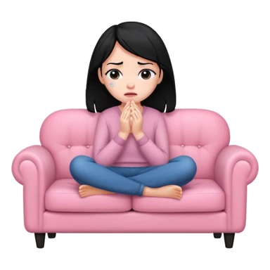 sad white girl with black hair crying on the cozy pink couch  sticker