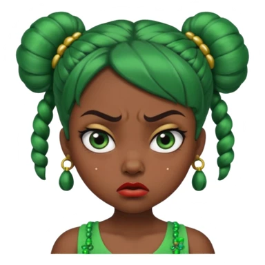 Create a 3D cartoon-style girl character with dark skin, round face, angry expression, big wide eyes, and tightly styled double buns made of green beaded hair. The girl should look irritated, eyebrows sharply angled, and lips pressed in a frown. sticker