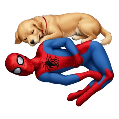 Golden Retriever sleeping on top of Spider-Man sticker