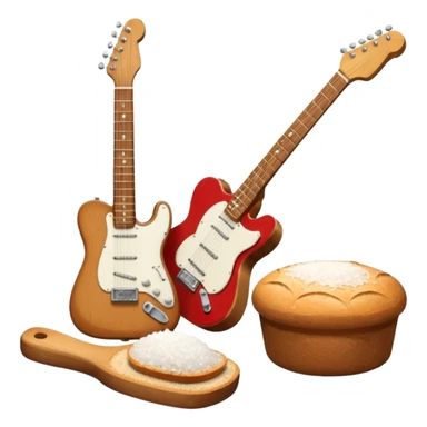a bottle of salt (salt shaker) and a loaf of peasant bread with a small electric telecaster guitar - still life composition sticker