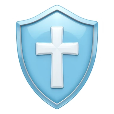 A cute 3D render icon of a protective shield. Rounded edges, plump, glossy plastic material. Sky blue and white color palette. A subtle, soft white cross or heart symbol embossed in the center. Clean studio lighting, soft shadows. Isolated on a light pastel background. Minimalist design. sticker