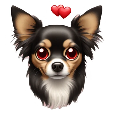 black and tan long-haired chihuahua with red heart covering each eye like love emoj sticker