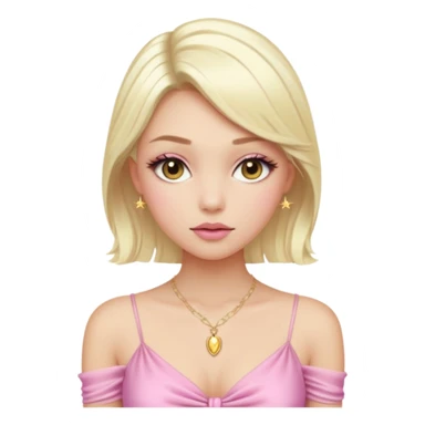 Girl with a platinum-blonde beauty with sleek, waist-length hair, flawless skin, fluttery lashes, and pouty lips-dressed in a sheer pink ruched top that ties in the center, glowing softly under the car lights with a dainty gold necklace completing her dreamy, doll-like look. sticker