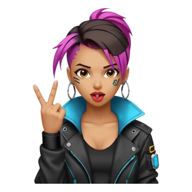 Woman with her tongue out in cyberpunk clothing and giving the middle finger. Looking naughty. sticker