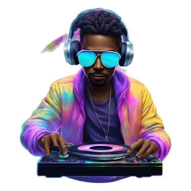 A dj wearing sunglasses playing music holding a cd record record, vinyl, oilslick holographic blacklight inverted graffiti dark dull sticker