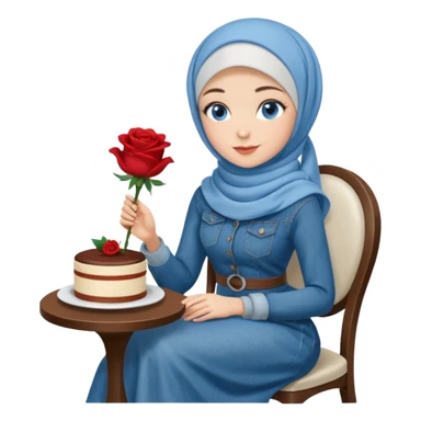 Turkish beautiful finish Konya girl blue eyes with denim hijab long tail dress and sits on the modernized coffee house on a white chair and holds rose cake with her hand  sticker