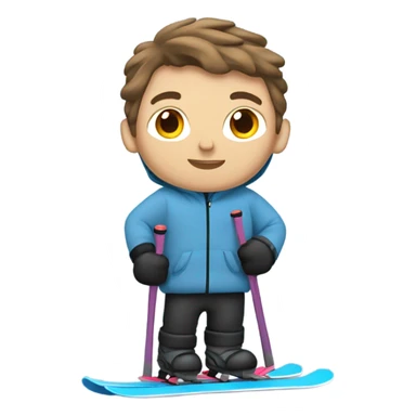 White boy with brown hair skiing on blue skis. Wearing a light gray coat. And a pair of black snow pants.  sticker