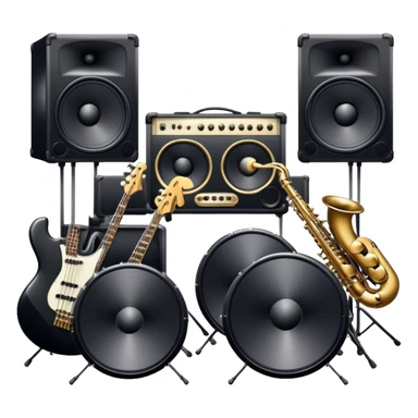 Icon for R&B Music Listening: large concert speakers with waves of musical notes coming out, along with a bass guitar, drum kit, and synthesizer, saxophone. The icon should convey the energetic and rhythmic vibe of R&B music. Transparent background. sticker