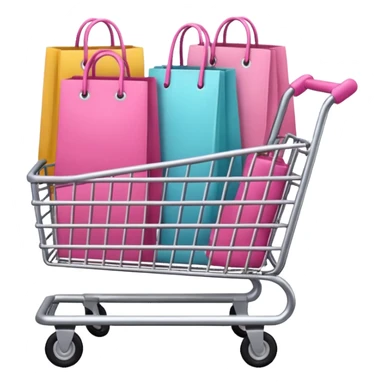 Carrinho na cor rosa cheio de compras femininas, com diversas maquiagens, roupas  sticker
