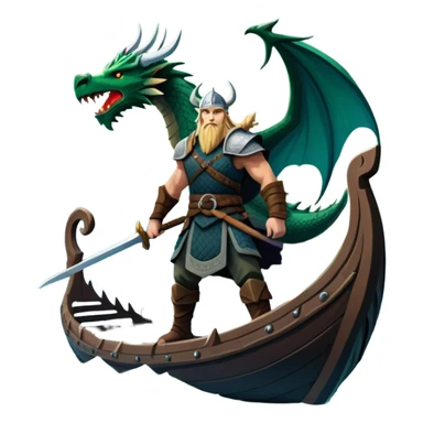 An icon representing an adventure game, inspired by Norse mythology. The design features a fierce Viking warrior standing at the prow of a dragon-headed longship, sailing through icy waters. Snow-capped mountains loom in the distance as the northern lights dance overhead, evoking a sense of conquest, mystery, and legend. Transparent background. sticker