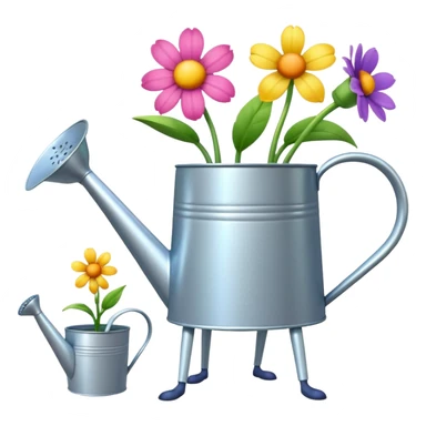 give me a watering can with legs. anthropomorphise the can. have the can watering 3 plants on the grown (flowers) sticker