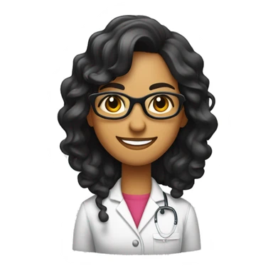 científica, morena de cabello negro ondulado recogido con una cola, con lentes, sonriente, con bata de laboratorio blanca sticker