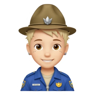 tattoed scout kid, spiky haired with scout uniform and hat sticker