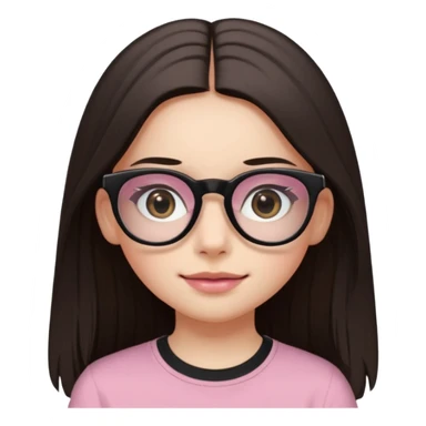 Girl with dark straight long hair, divided in the middle hairstyle. White skin, black eyes, wearing black shirt and tortoise framed glasses. The mounth is light old pink, with light smile with no teeth. sticker