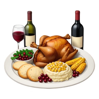 Thanksgiving Dinner with friends of all different races; have the food be a cooked turkey, mashed potatoes, corn, a basket of biscuits, a small bowl of cranberry sauce, baked yams, steamed vegetables, and a bottle of wine. sticker