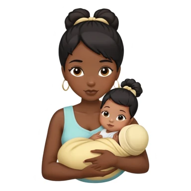 dark black hair girl cuddling a newborn baby and a girl  with a high ponytail sticker