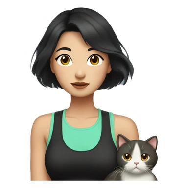 Asian woman with medium black hair, brown eyes. She's wearing a black tank top and mint shorts. And she has a cat in her arms sticker