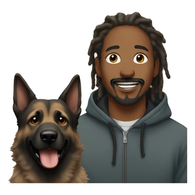 man with dreadlocks, mustache and goatee expressing joy dressed in a hoodie alongside a dark brindle colored german shepherd dog sticker