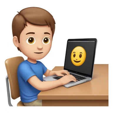 White male character in emoji style sitting at a desk, typing code on a MacBook laptop. He looks focused, has short brown hair, wearing a casual t-shirt, with code visible on the MacBook screen. Bright and colorful emoji-like illustration. sticker