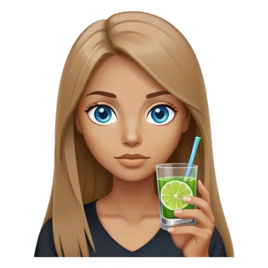 tan woman, black shirt, long light brown straight hair, grey blue eyes, holding a shot with lime sticker