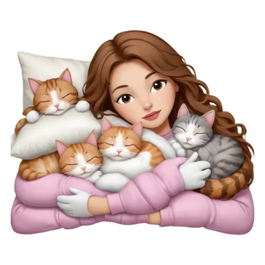 girl with long wavy brown hair, brown eyes, long lashes makeup, sexy pink lips, light to medium complexion,  sleeping on a cozy pillow, with 6 cats: 1 brown and white tabby cat, 1 ginger and white, 2 grey and white, 1 grey has white mittens and small white patch on its chest and 1 calico, sleeping sticker