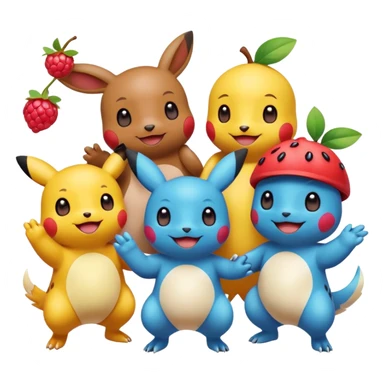 Three Pokémon characters showing kindness and teamwork. One Pokémon is handing a berry to another, while the third Pokémon is cheering and clapping happily. They look joyful and friendly, standing close together in a bright, colorful cartoon scene. The style is cute, playful, and emoji-like. sticker