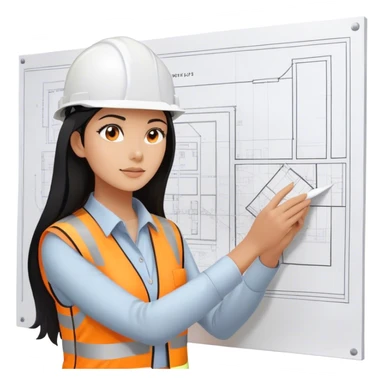 Female civil engineer with long black hair wearing white helmet and an orange safety vest staring at big drawing plan on her hands  sticker
