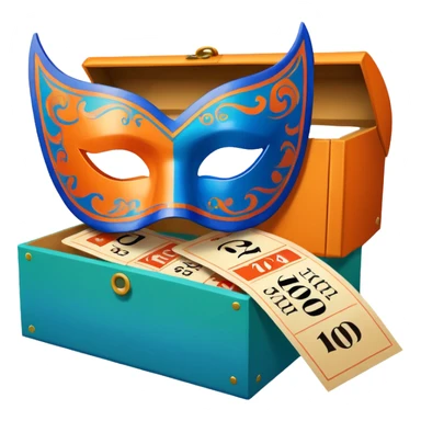 a box and a carnival mask in orange, blue and green with tickets as a bundle sticker