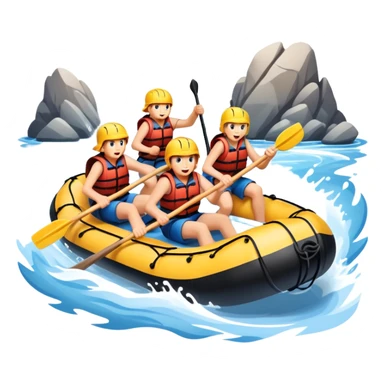 A group of adventurers paddling a raft through wild, fast-moving river rapids. The scene includes splashing water, rugged rocks, and intense action, emphasizing the excitement and teamwork of rafting in challenging conditions. sticker