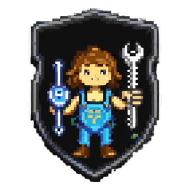 Shield-shaped badge with pixel art person holding car wrench key, colorful IT support design sticker