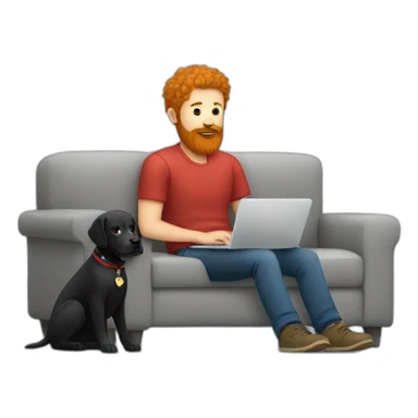 a man with a red beard sits working on a laptop on the sofa with a black Labrador sticker