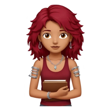 a pretty tan indian bratz girl with messy dark wavyred hair, wearing a dark red tank top, layered silver necklaces. Carrying multiple sketchbooks and pens sticker