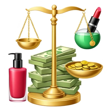 gold scale with a stack of green dollar bills and coins on one side and beauty products including lipstick, perfume, and makeup on the other sticker