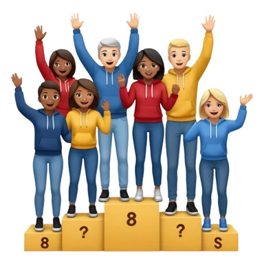 multi-racial group on a winners’ podium, middle step higher, all in jeans and hoodies, excited, fun emoji style sticker