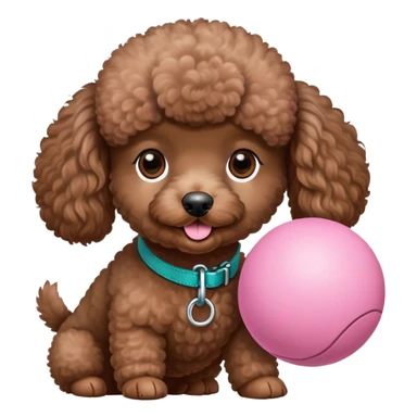 A small brown poodle with dark brown eyes playing with a circle pink ball, dark teal leash sticker