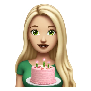 Realistic White girl with Long straight blonde hair, green eyes, tattoos, full body wearing dress and High heels, holding pink birthday cake sticker