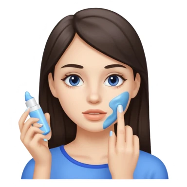 white brunette girl applying blue cream on face sticker