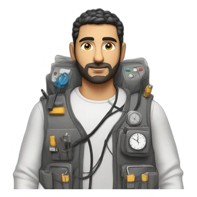 arab man in large bulky vest with many pockets with electrical wires connecting pockets and single analog clock on a pocket sticker