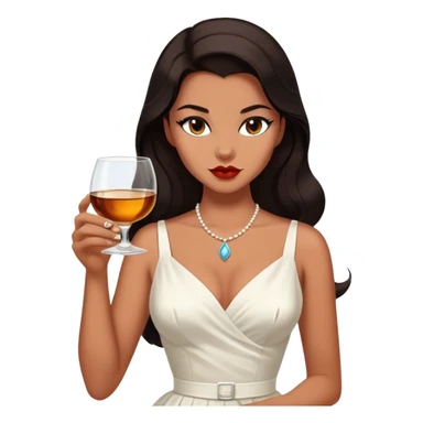 Beautiful woman in 1950’s woman fashion look, white dress, long dark brown hair, whisky with ice, black cat sticker